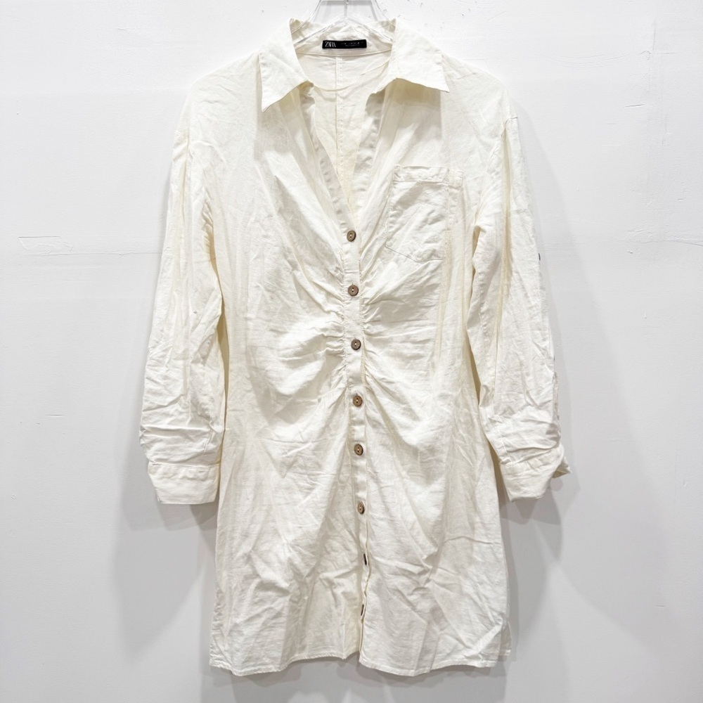 Zara Linen Blend Long Sleeve Shirt Dress Ruching Detail Medium Ivory Button